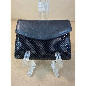 Vintage Whiting & Davis Black Metal Mesh & Leather Kiss Lock Coin Purse Wallet